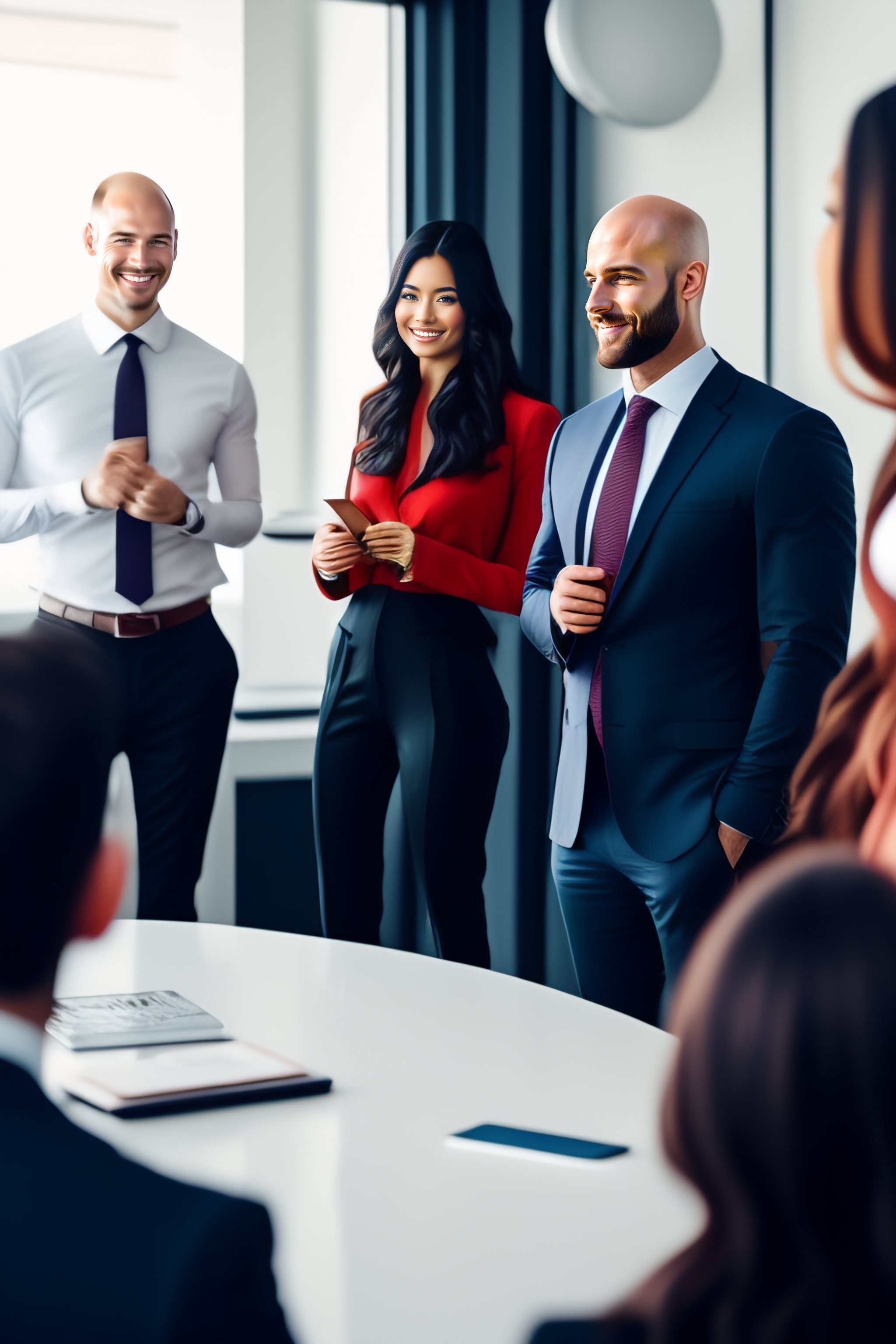 bald marketing guy gives briefing to young female bald marketing guy gives briefing to young female